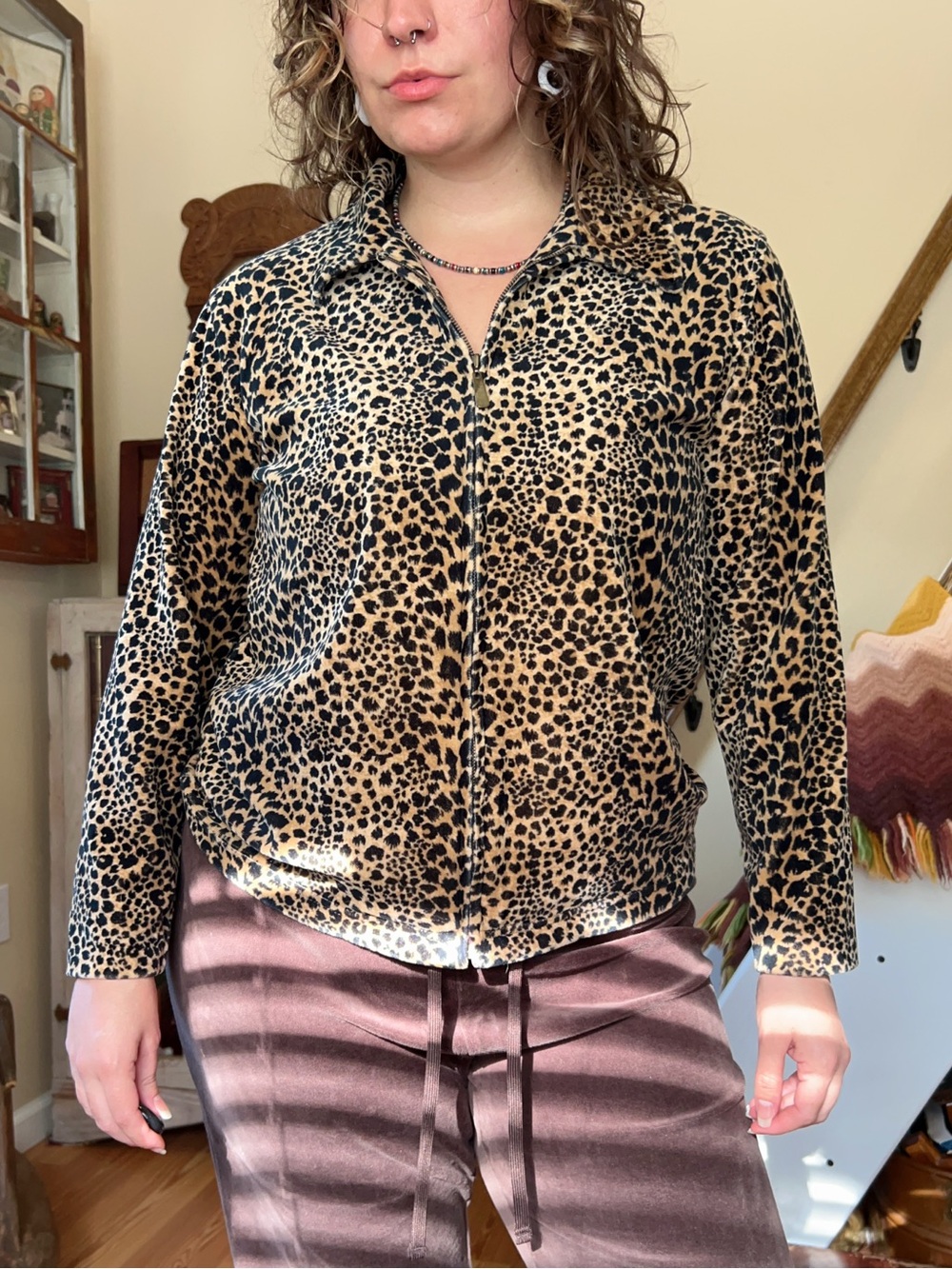 Liz Claiborne Y2K Leopard print Velvet Zip up Jacket Cotton Velour Animal Print